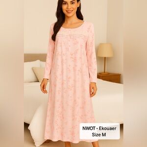 Ekouaer Pink Floral Lace Nightgown M Full Length Pockets NWOT